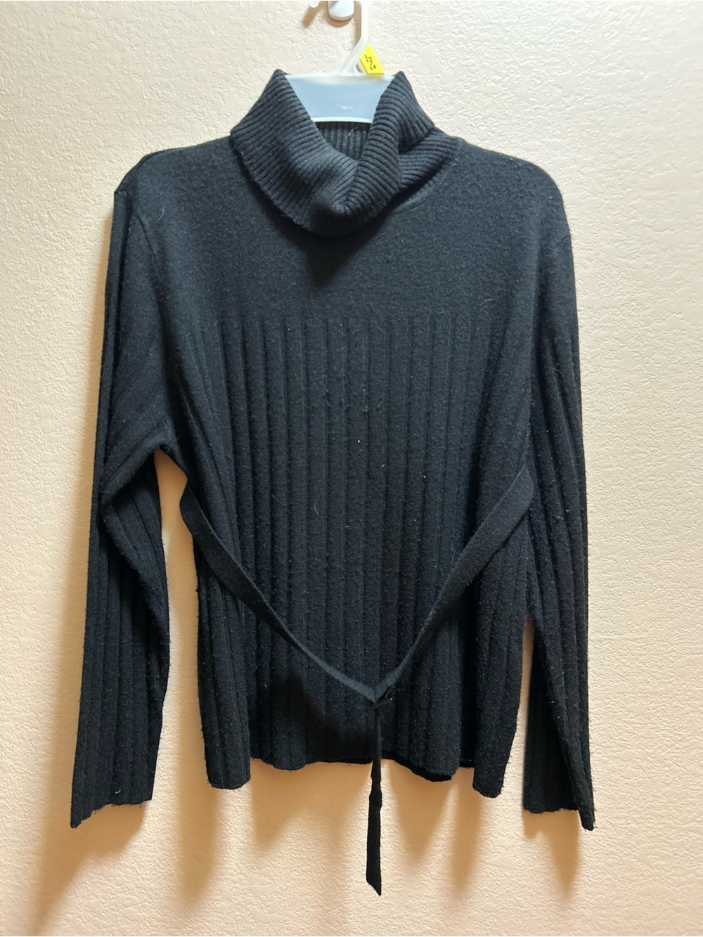 Black Ribbed Turtleneck Sweater with Waist Tie